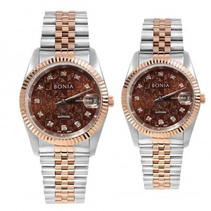 Bonia BNB10550-1646 Dan BNB10550-3646 Silver Rosegold Brown SAPPHIRE Couple